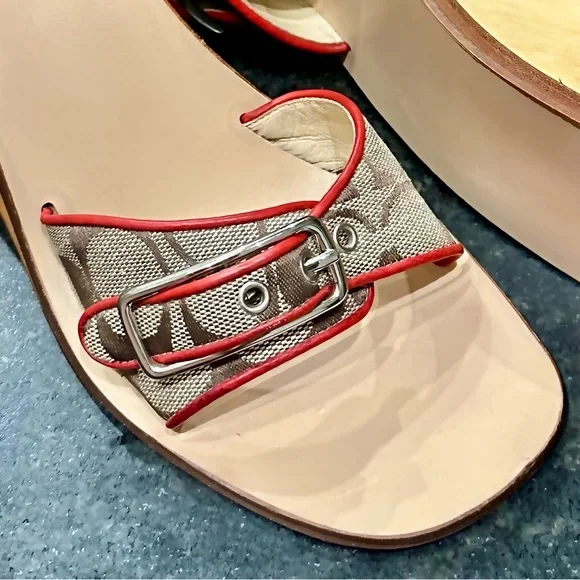 *rare* COACH Honey Wood Platform Wedge Logo Signature Tan/Red Size 7.5 - Picture 2 of 8